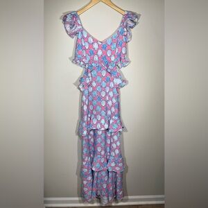 NEW Simply Southern Pink & Blue Seashell Maxi Dress W/ Side Cut Outs & Ruffles